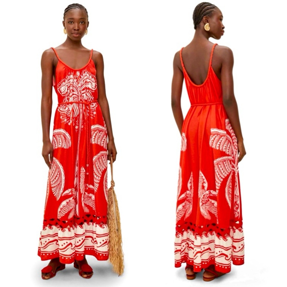 Farm Rio Majestic Coconut Tree Linen Blend Maxi Dress Red Small Large NWT